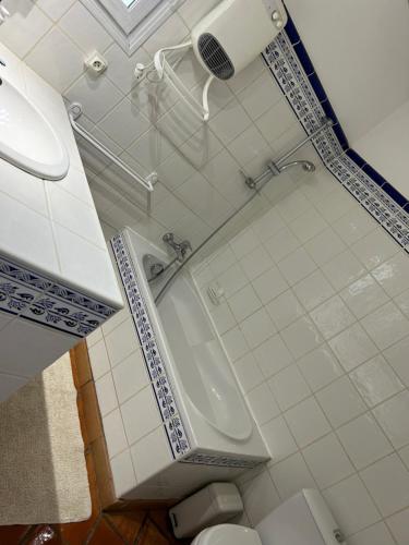 a bathroom with a shower and a tub and a toilet at Gite Armieux in Saintes-Maries-de-la-Mer