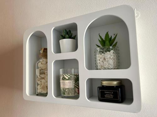 a white shelf with jars and plants in it at Santhry House in Turin