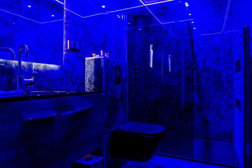 a blue bathroom with a toilet and a shower at Prestige De Cocagne in Lavaur
