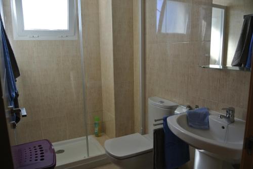 a bathroom with a toilet and a sink and a shower at Sabinillas Apartment in San Luis de Sabinillas