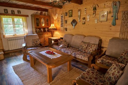 a living room with couches and a coffee table at Bieszczadzka Samotnia in Cisna