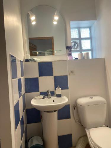 une salle de bain avec toilettes, lavabo et miroir dans l'établissement Appartement Avignon intra-muros, à Avignon