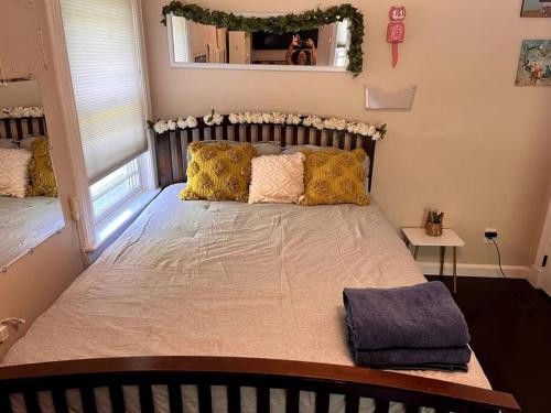 a bedroom with a large bed with pillows and a mirror at Experience the Charm of a Cozy Hudson Valley Vacation Retreat in Gardiner