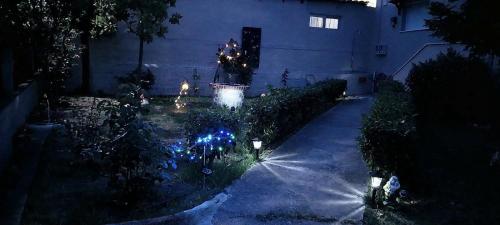 a garden at night with lights in the yard at Eleochori View Sea in Elaiokhórion
