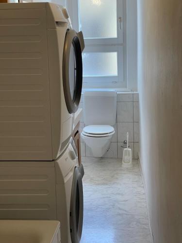 a small bathroom with a toilet and a window at The R Apartment Munot - Old Town in Schaffhausen