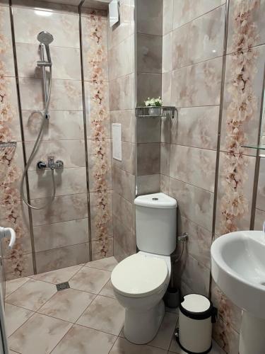 a bathroom with a shower and a toilet and a sink at Palms Studio in Sozopol, with free parking in Sozopol