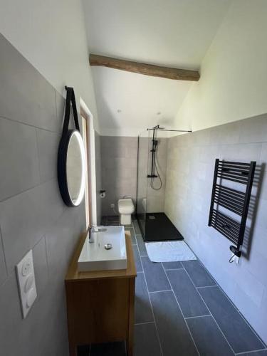 une salle de bain avec un lavabo et des toilettes dans l'établissement Charmante dépendance avec jardin, à Vaux-sur-Seine