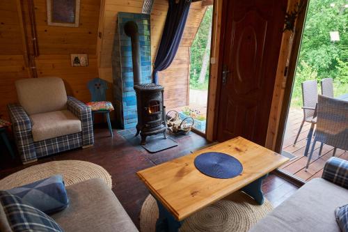 a living room with a wood stove in a cabin at Bieszczadzka Samotnia in Cisna