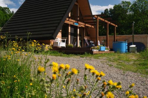 a house with yellow flowers in front of it at Bieszczadzka Samotnia in Cisna