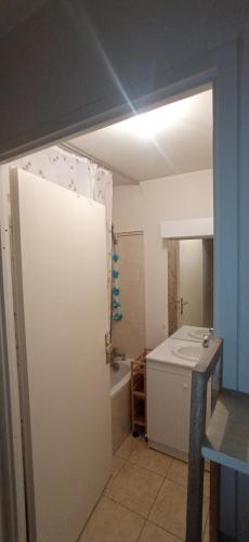 La salle de bains est pourvue d'un lavabo et d'une porte blanche. dans l'établissement Charmant appart à Sartrouville Confort moderne aux portes de Paris, à Sartrouville