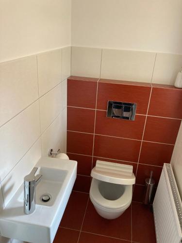 a small bathroom with a toilet and a sink at Ústí nad Labem, Apartmány pod hradem Střekovem in Ústí nad Labem