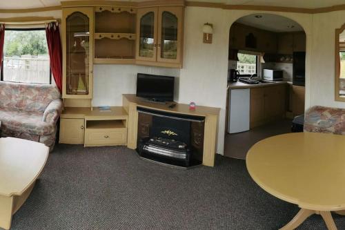 a living room with a couch and a table with a fireplace at 3 Bedroom Caravan in Rural area - Tennyson in Porchfield