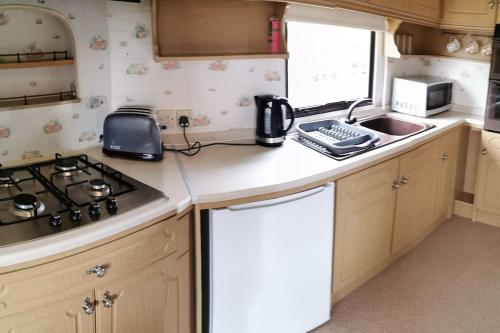 a small kitchen with a stove and a sink at 3 Bedroom Caravan in Rural area - Tennyson in Porchfield