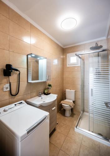 a bathroom with a shower and a sink and a toilet at Marina's house in Nydri