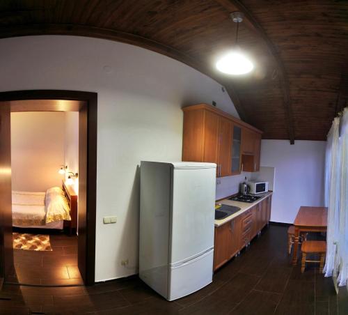 a kitchen with a white refrigerator and a bedroom at Villa Alessia in Skhidnitsa