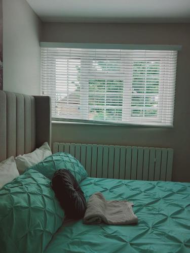 uma cama com um edredão verde em frente a uma janela em HayesandHeathrow em Hayes