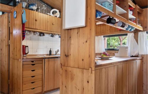 a kitchen with wooden cabinets and a counter top at Cozy Home In Væggerløse With Wifi in Marielyst