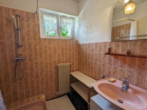 uma casa de banho com um lavatório, um chuveiro e um espelho. em Gîte Jussarupt, 4 pièces, 6 personnes - FR-1-589-320 em Jussarupt