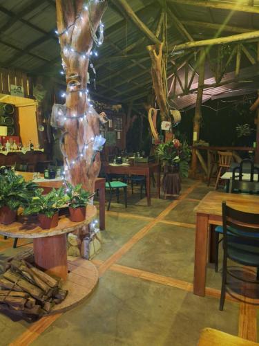 jadalnia ze stołami, krzesłami i drzewem w obiekcie Guapote Lodge w mieście Tigra