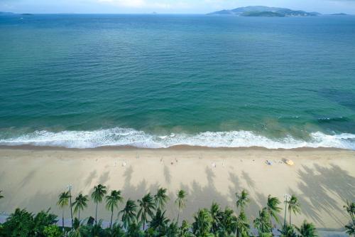an aerial view of a beach with palm trees and the ocean at Sheraton Nha Trang Hotel & Spa in Nha Trang