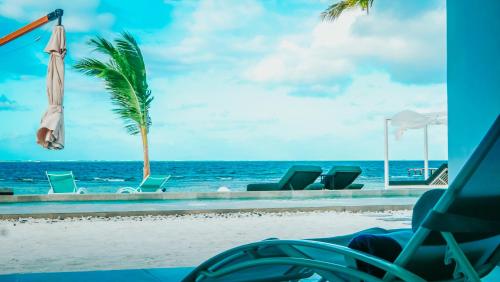 a pool with chairs and a palm tree and the ocean at Pension Irivai appartement "Uparu" 1 chambre bord de mer in Uturoa