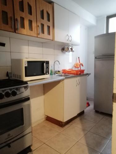 uma cozinha com um micro-ondas e um frigorífico em Jantcar Suites em Santiago