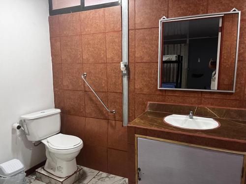 a bathroom with a toilet and a sink and a mirror at Hospedaje Estrella Del Golf, Playa, Puerto Jimenez in Puerto Jiménez
