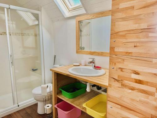 a bathroom with a sink and a shower and a toilet at Maison typique proche plage de Kerleven et golf, calme, jardin reposant, services de conciergerie - FR-1-481-165 in La Forêt-Fouesnant