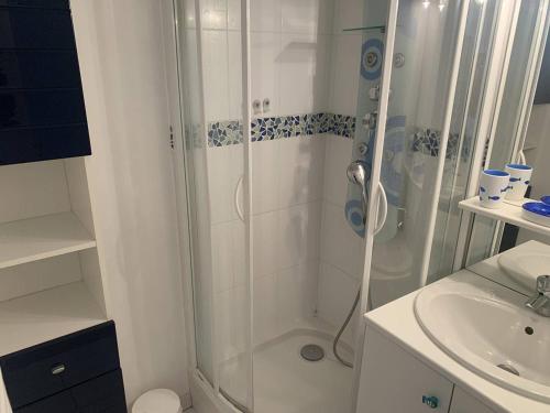 une salle de bain avec douche et lavabo dans l'établissement Appartement lumineux à 50m de la plage de Cabourg, balcon, parking gratuit, 4 pers. - FR-1-465-119, à Cabourg
