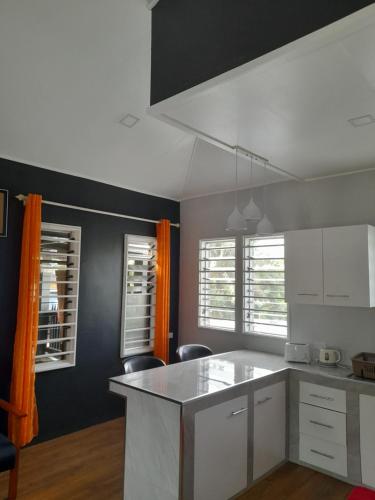 a kitchen with white cabinets and a black wall at BIDESI VILLA Apartments in Suva