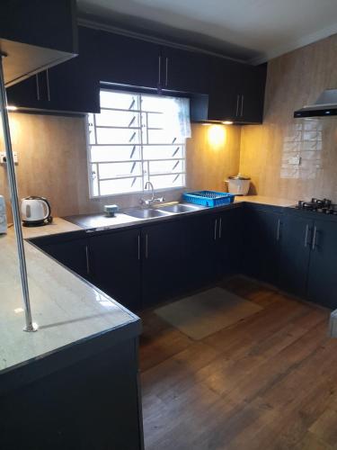 a kitchen with black cabinets and a sink and a window at BIDESI VILLA Apartments in Suva