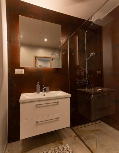 ein Badezimmer mit Waschbecken und Dusche in der Unterkunft Korter in Pärnu