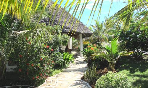 a garden with a pathway leading to a house at Baobab Village in Watamu