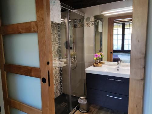 a bathroom with a sink and a shower at CASA EL TEIXO in Taramundi