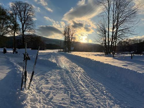 a snow covered road with skis in the snow at Apartmán Na Stezce in Stará Červená Voda
