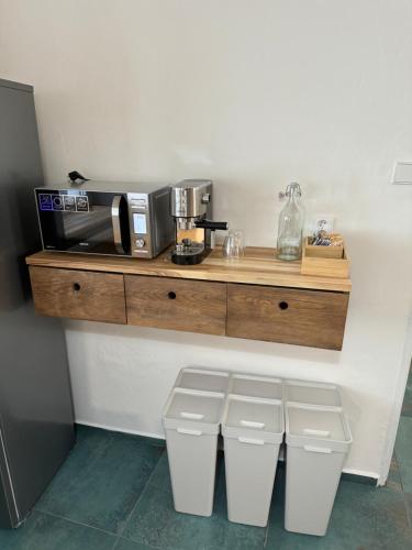 a kitchen with a counter with a microwave and two trash cans at Mikulovská chalupa in Mikulov