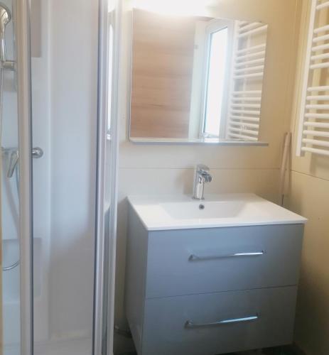 a bathroom with a white sink and a mirror at Camping L'oasis Du Berry in Saint-Gaultier