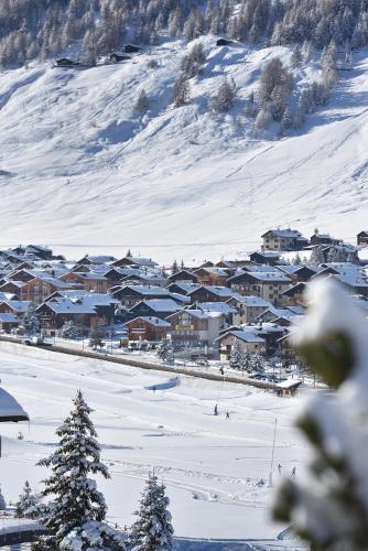 a snow covered town with houses on a snowy hill at Cronox Vinecc in Livigno