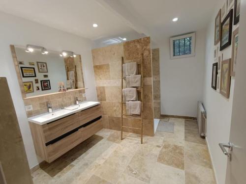 La grande salle de bains est pourvue d'un lavabo et d'une douche. dans l'établissement Maison de village avec parking à 5 min de Vaison La Romaine, à Puyméras