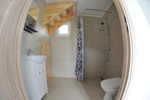 a bathroom with a toilet and a shower and a sink at Hibiskus - domki letniskowe in Jastrzębia Góra
