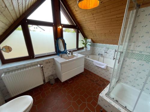 a bathroom with a toilet and a sink and a shower at Ferienhaus Casa Maja in Bad Camberg