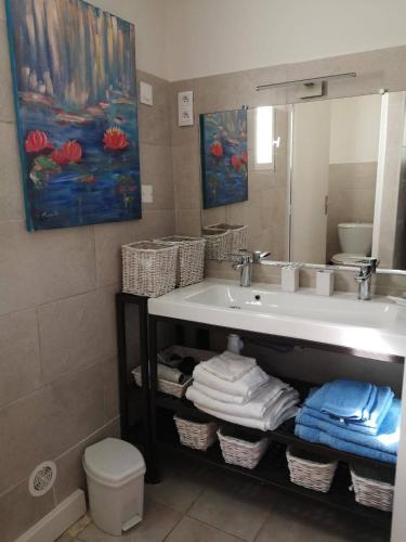 une salle de bain avec un lavabo et un miroir et des toilettes dans l'établissement Domaine en Provence Gîte la Ferrandiere, à Carpentras