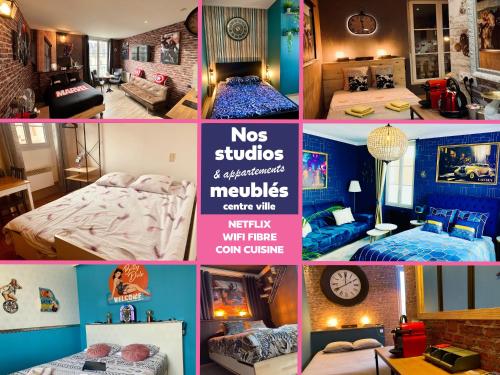 a collage of different pictures of a room at Nos studios au centre ville à Dole in Dole