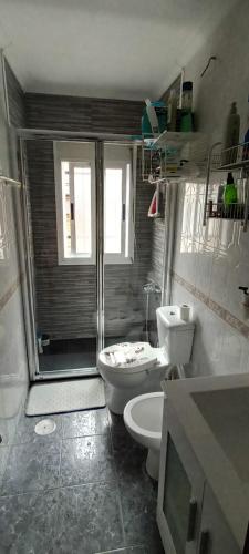 a bathroom with a toilet and a shower in it at Magnifica Ubicación in Seville