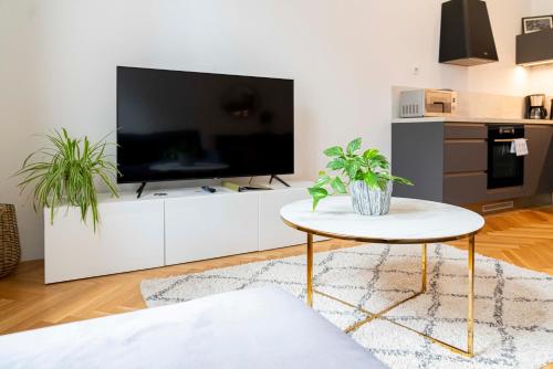 a living room with a tv on a white cabinet at Apartmány Marienhof in Znojmo