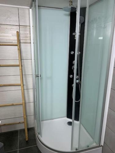 une douche avec une porte vitrée dans une salle de bain dans l'établissement La Roteirolle, à Réotier