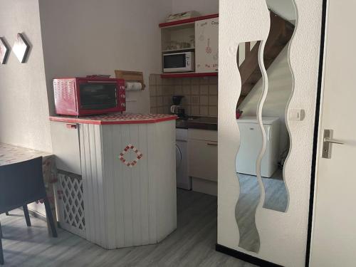une petite cuisine avec un micro-ondes et un réfrigérateur dans l'établissement Pavillon avec piscine place de pkg privée, à Argelès-sur-Mer