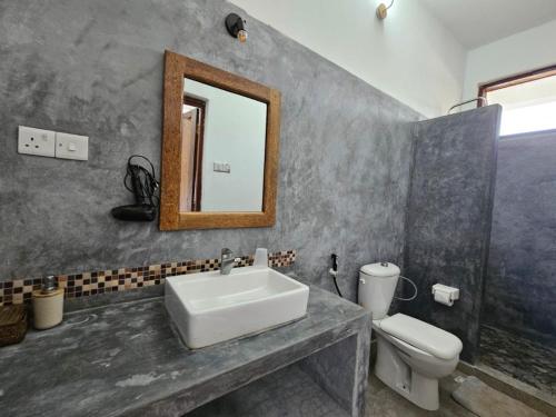 W łazience znajduje się umywalka, toaleta i lustro. w obiekcie Zanzicrown w mieście Nungwi