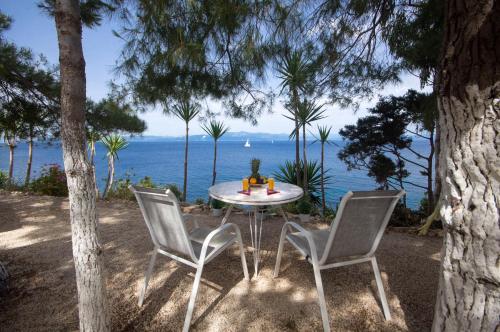 a table and chairs with a view of the ocean at Villa Baronnos in Gaios