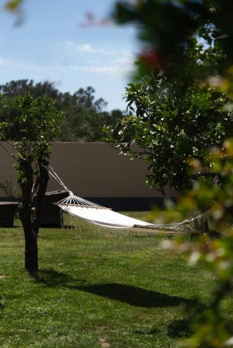 a white hammock hanging from a tree in a yard at Dimitras Home in Lefkímmi